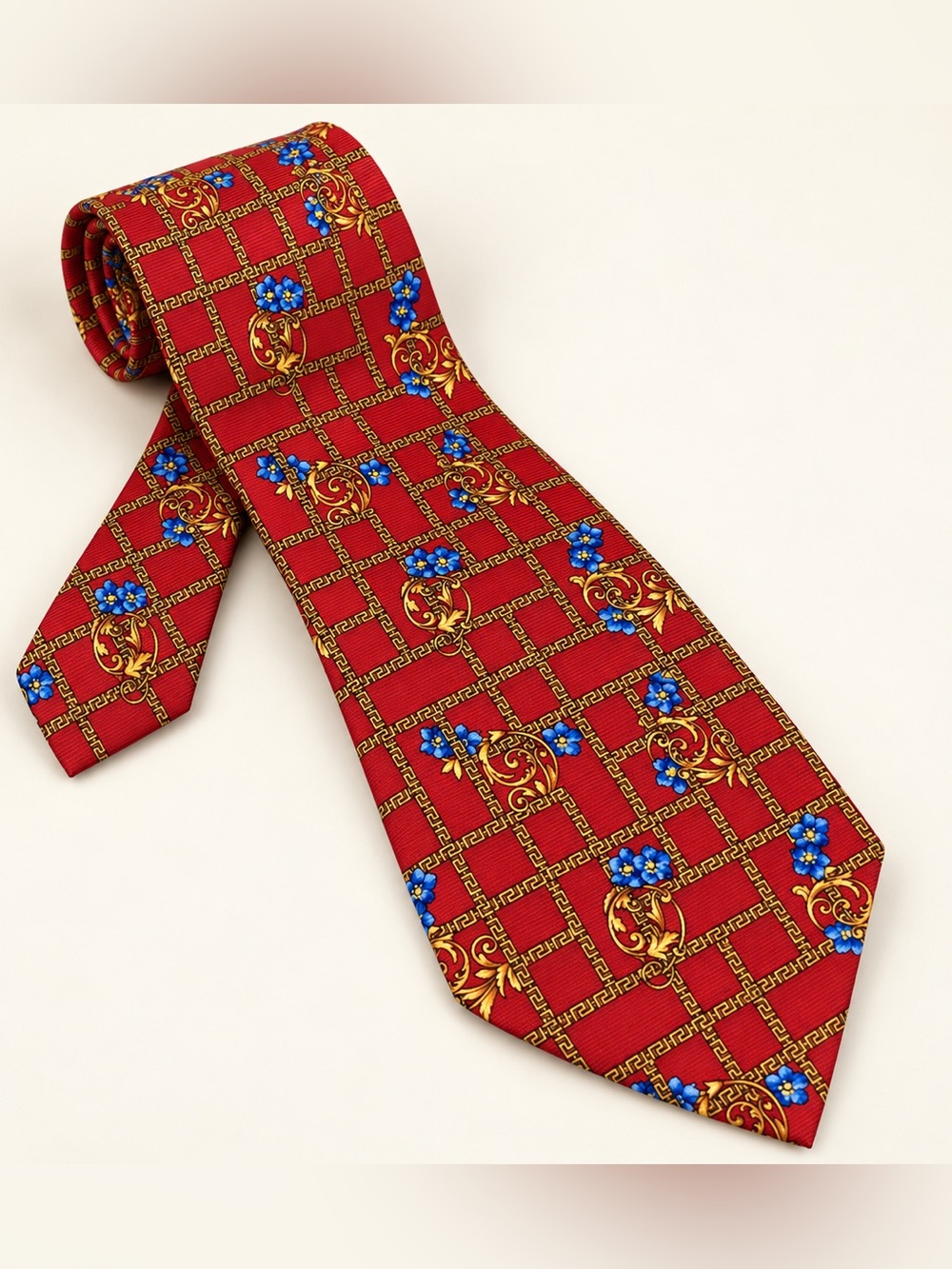 Vintage Gianni Versace Tie Red Gold Blue Floral Greek Key 55" Made in Italy